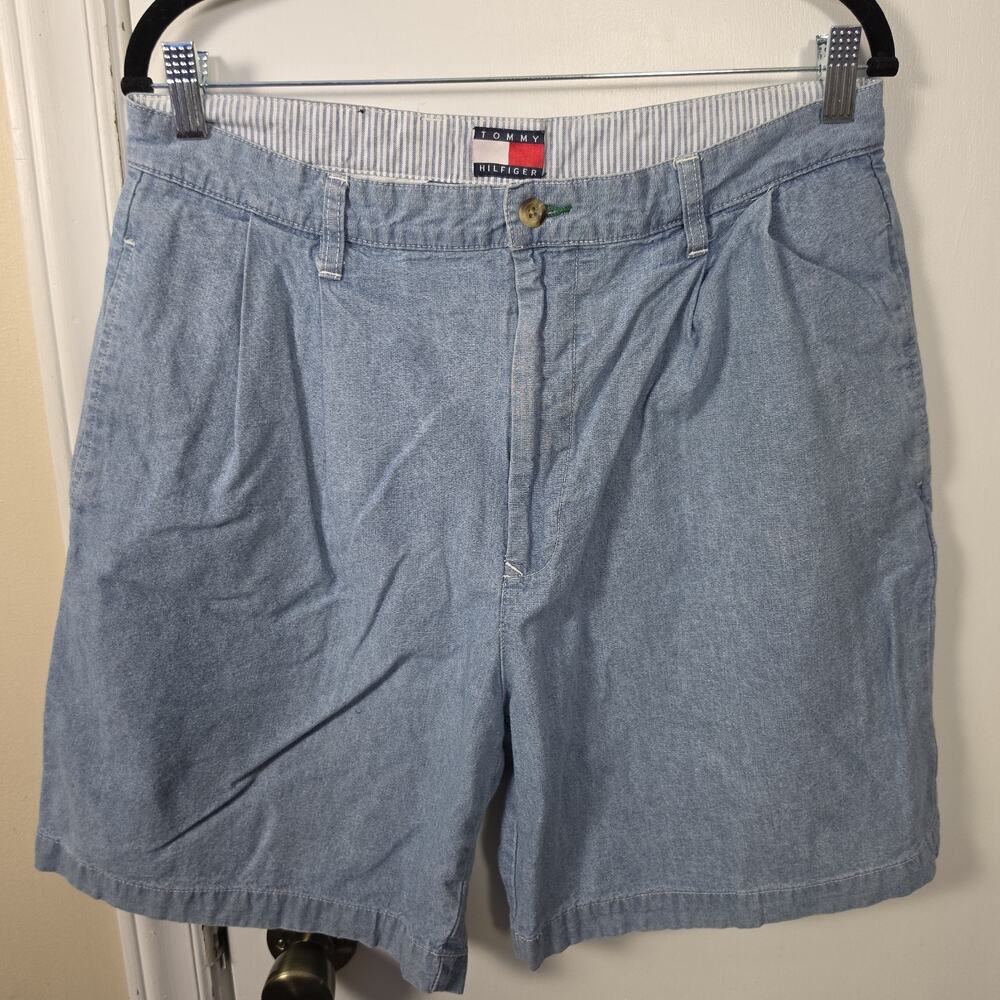 Vintage Tommy Hilfiger Denim Shorts Mens Size 34 Pleated Blue Cotton Classic Fit